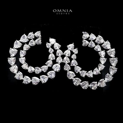 Omnia Basma Infinity Hoop Earrings with White Heart Cut Zircon Stone in High Quality Rhodium Plated