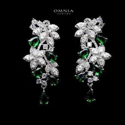 Omnia Flora Chandelier Earrings with Pure White and Green Zircon Stone in High Quality Zircon Rhodium Plated - Image 2