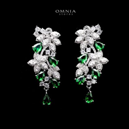 Omnia Flora Chandelier Earrings with Pure White and Green Zircon Stone in High Quality Zircon Rhodium Plated