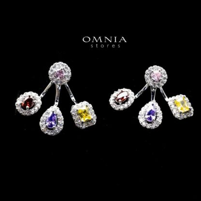 Omnia Naif Multi-Drop Stud Earrings with Multicolor Zircon Stone in High Quality Rhodium Plated
