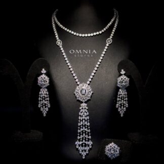 Omnia Ola White Bridal Long chain Set Accessories in High Quality Zircon Stone Rhodium Plated
