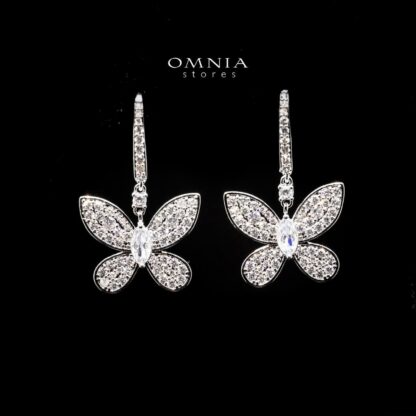 Omnia Jovy White Butterfly Dangle Earrings with High Quality Zircon Stone in Rhodium Plated