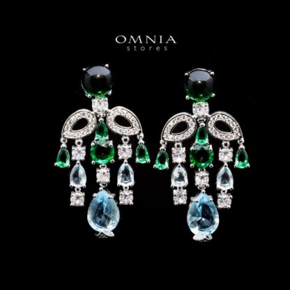 Omnia Mohra Chandelier Earrings with Blue Zircon Drops in High Quality Zircon Rhodium Plated - Image 3