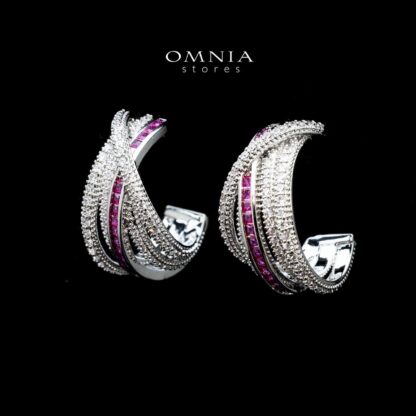 Omnia Tiffany Double Tone Wrap Hoop Earrings with Maroon Zircon in High Quality Rhodium Plated - Image 3
