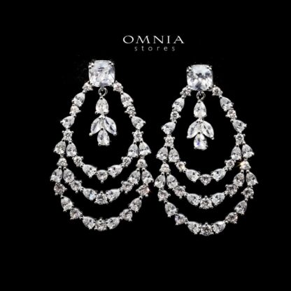 Omnia Haneen Tiered Drop Earrings with White Zircon in High Quality Rhodium Plated