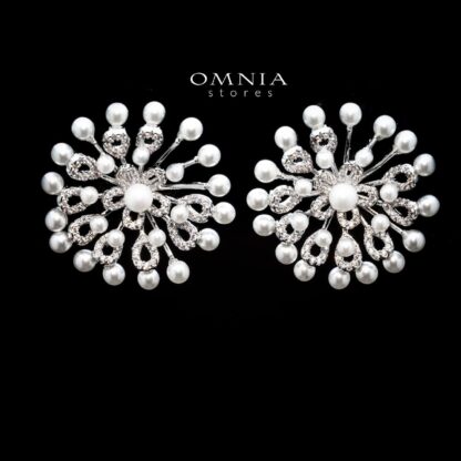Omnia Nora Floral Pearl Earrings with White Zircon in High Quality Rhodium Plated - Image 3