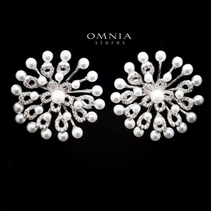 Omnia Nora Floral Pearl Earrings with White Zircon in High Quality Rhodium Plated - Image 2