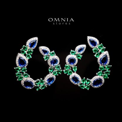 Omnia Hansel Hoop Earrings with Blue and Green Zircon Stone in High Quality Rhodium Plated
