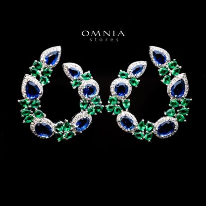 Omnia Hansel Hoop Earrings with Blue and Green Zircon Stone in High Quality Rhodium Plated - Image 2