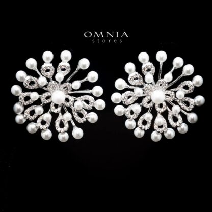 Omnia Nora Floral Pearl Earrings with White Zircon in High Quality Rhodium Plated