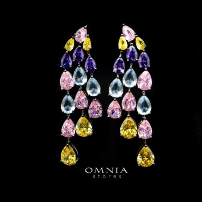 Omnia Mich Drop Earrings with Multicolor Zircon in High Quality Rhodium Plated