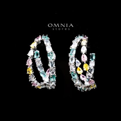 Omnia Amina Hoop Earrings with Multicolor Zircon in High Quality Rhodium Plated