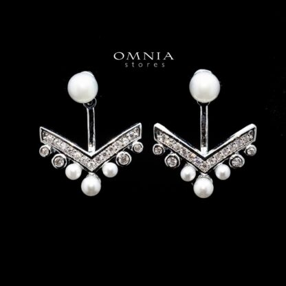 Omnia Ayenn Geometric Pearl Stud Earrings with White Zircon Accents in High Quality Rhodium Plated.