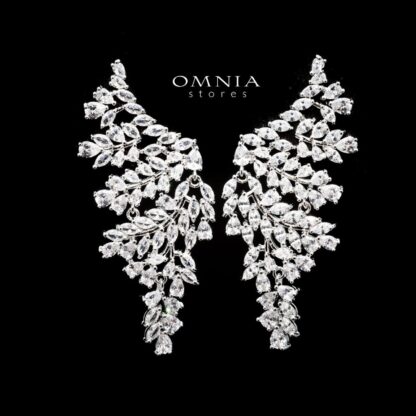 Omnia Aysha Leaf Cluster Earrings with White Zircon Stone in High Quality Rhodium Plated
