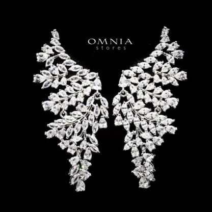 Omnia Aysha Leaf Cluster Earrings with White Zircon Stone in High Quality Rhodium Plated - Image 2