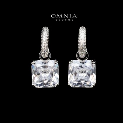 Omnia Helen Cushion Cut Drop Earrings with White Zircon in High Quality Rhodium Plated