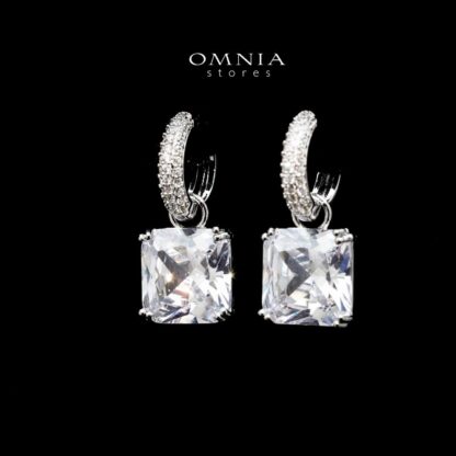 Omnia Helen Cushion Cut Drop Earrings with White Zircon in High Quality Rhodium Plated - Image 2