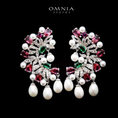 Omnia Soukaina Pearl Drop Earrings with Multi Color Zircon Accents in High Quality Rhodium Plated