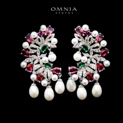 Omnia Soukaina Pearl Drop Earrings with Multi Color Zircon Accents in High Quality Rhodium Plated - Image 2