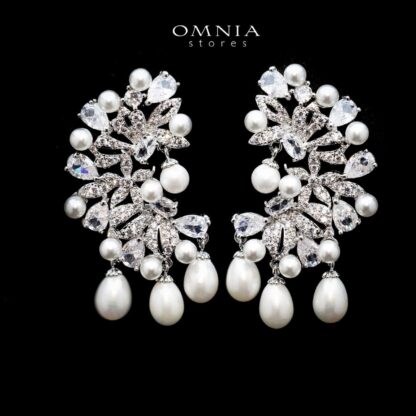 Omnia Soukaina Pearl Drop Earrings with White Zircon Accents in High Quality Rhodium Plated