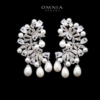 Omnia Soukaina Pearl Drop Earrings with White Zircon Accents in High Quality Rhodium Plated - Image 2
