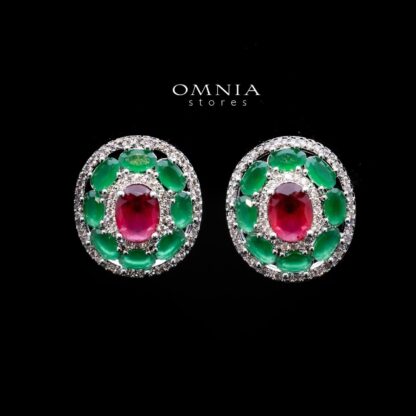 Omnia Shatha Oval Stud Earrings with Red and Green Zircon Stones in High Quality Rhodium Plated - Image 3