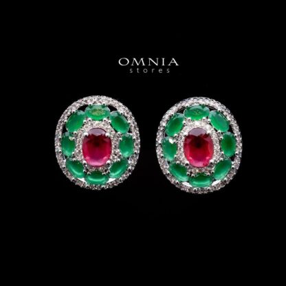 Omnia Shatha Oval Stud Earrings with Red and Green Zircon Stones in High Quality Rhodium Plated