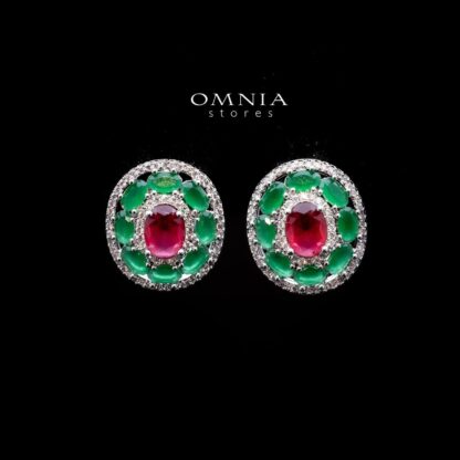 Omnia Shatha Oval Stud Earrings with Red and Green Zircon Stones in High Quality Rhodium Plated - Image 2