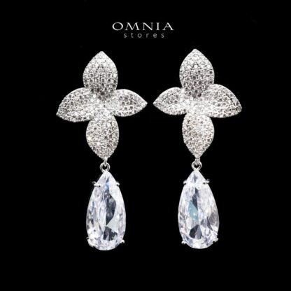 Omnia Ameera Floral Drop Earrings with White Zircon Stone in High Quality Rhodium Plated