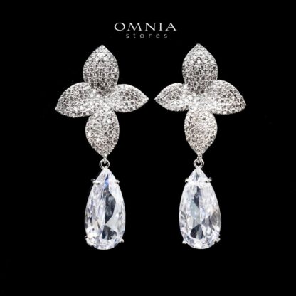 Omnia Ameera Floral Drop Earrings with White Zircon Stone in High Quality Rhodium Plated - Image 3