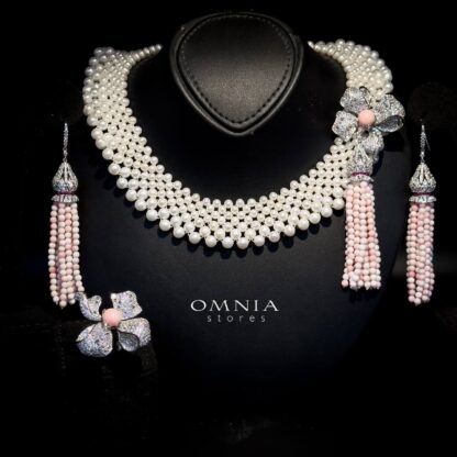 Omnia Ghadir Full Set with Fresh water Pearls and Pink Tassel Accents in 92.5 Silver High Quality Simulated Diamonds