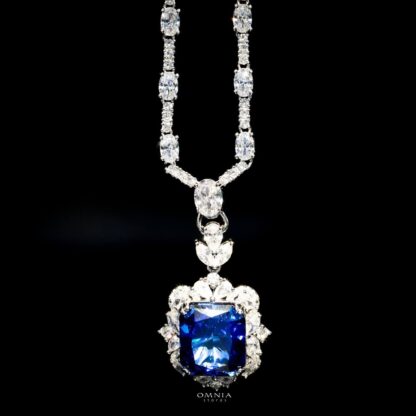 Omnia Amal Blue Sapphire Pendant Necklace in 92.5 Silver with High Quality Simulated Diamonds