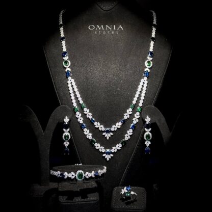 Omnia Jade Blue and Green Bridal Long Chain Set Accessories in High Quality Zircon Stone Rhodium Plated - Image 2
