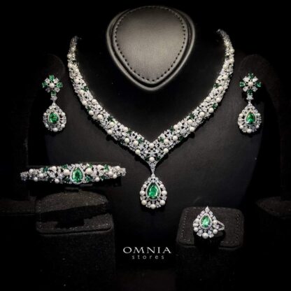 Omnia Rawan Green Bridal Full Set High Quality Zircon Stone in Rhodium Plated