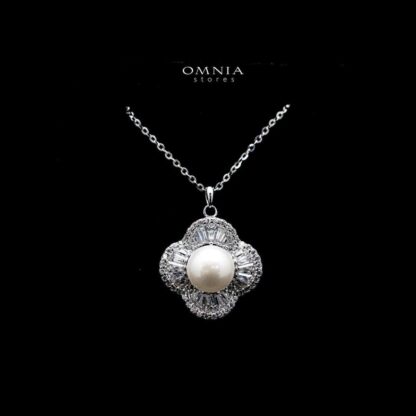 Omnia Lily Pearl Floral Pendant Necklace in 92.5 Silver with High Quality Iced Cut Stones - Image 2