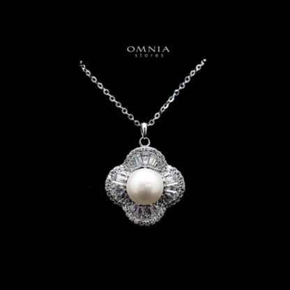Omnia Lily Pearl Floral Pendant Necklace in 92.5 Silver with High Quality Iced Cut Stones