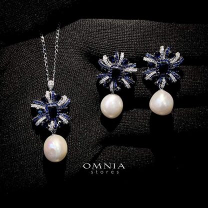 Omnia Sapphire Pearl Necklace & Earrings in 92.5 Silver with High Quality Simulated Diamonds
