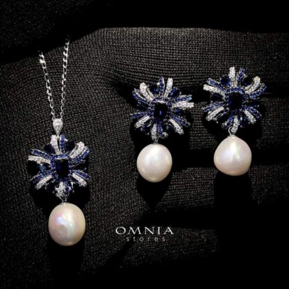 Omnia Sapphire Pearl Necklace & Earrings in 92.5 Silver with High Quality Simulated Diamonds - Image 2