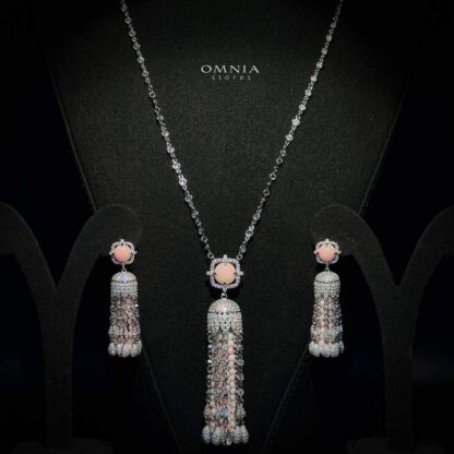 Omnia Yasmin Pink Long Chain Tassel Necklace & Earrings in 92.5 Silver with High Quality Simulated Diamonds - Image 2