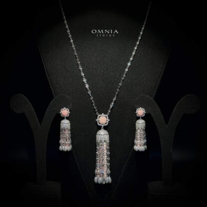 Omnia Yasmin Pink Long Chain Tassel Necklace & Earrings in 92.5 Silver with High Quality Simulated Diamonds - Image 4