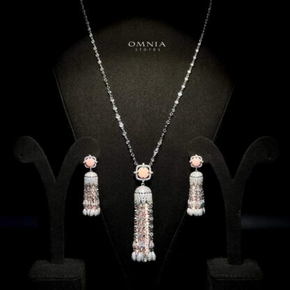 Omnia Yasmin Pink Long Chain Tassel Necklace & Earrings in 92.5 Silver with High Quality Simulated Diamonds