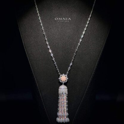 Omnia Yasmin Pink Long Chain Tassel Necklace & Earrings in 92.5 Silver with High Quality Simulated Diamonds - Image 3
