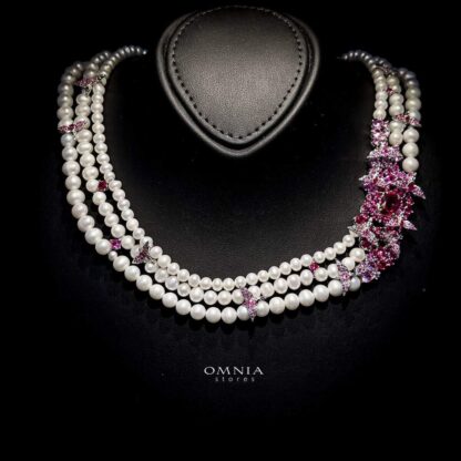 Omnia Pearl Necklace in 92.5 Silver with High Quality Simulated Diamonds (Pre-order) - Image 3