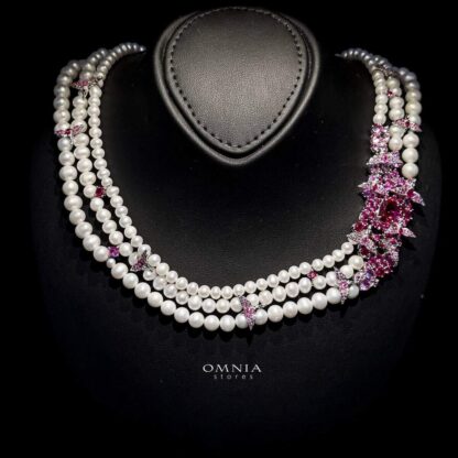 Omnia Pearl Necklace in 92.5 Silver with High Quality Simulated Diamonds (Pre-order) - Image 2