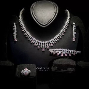 Omnia Syla Pink Collar Type Bridal Full Set with High Quality Zircon Stones in Rhodium Plated
