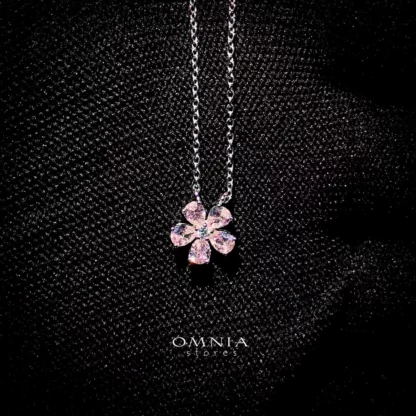Omnia Pink Blossom Necklace In 92.5 Silver with High Quality Simulated Diamonds