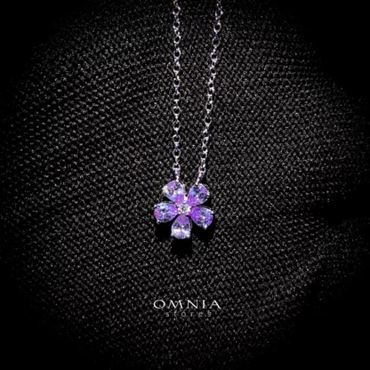 Omnia Purple Bloom Necklace In 92.5 Silver with High Quality Simulated Diamonds