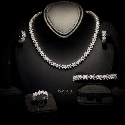 Omnia Lamara Floral-Inspired Tennis Set in 92.5 Silver with High Quality Iced Cut Stones
