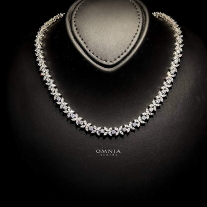 Omnia Lamara Floral-Inspired Necklace 41cm in 92.5 Silver with High Quality Iced Cut Stones