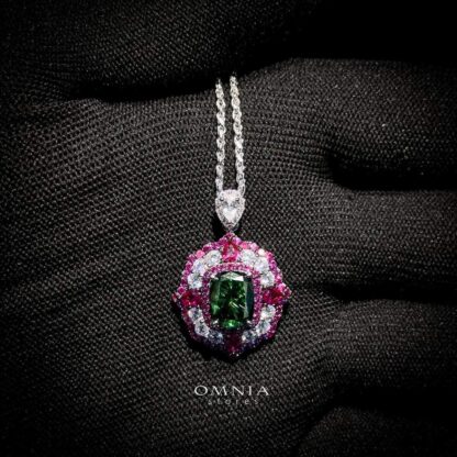 Omnia Maliya Green and Pink Necklace in 92.5 Silver with High Quality Simulated Diamonds - Image 3